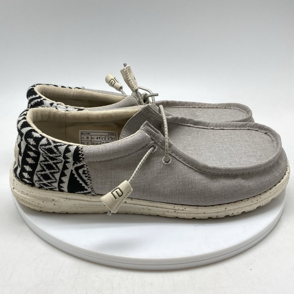 Hey Dude Mens 8 Wally Funk Jacquard Bungee Gray Beige Aztec Shoes Slip-On